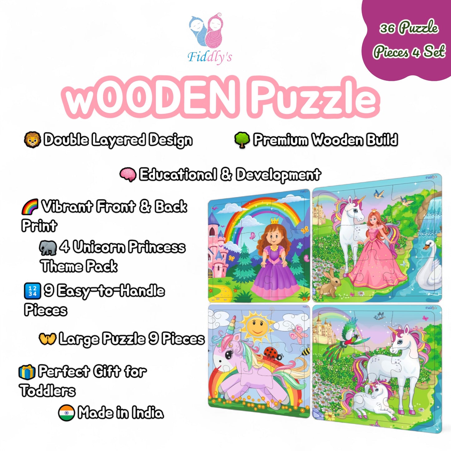 Fiddlys Wooden Jigsaw Puzzles for Kids & Children – 9 Pieces Each, Pack of 4|Double Layered Front & Back Print| Educational Toy for Boys & Girls Age 2 3 4 5 6 Year Old (Unicorn & Princess)
