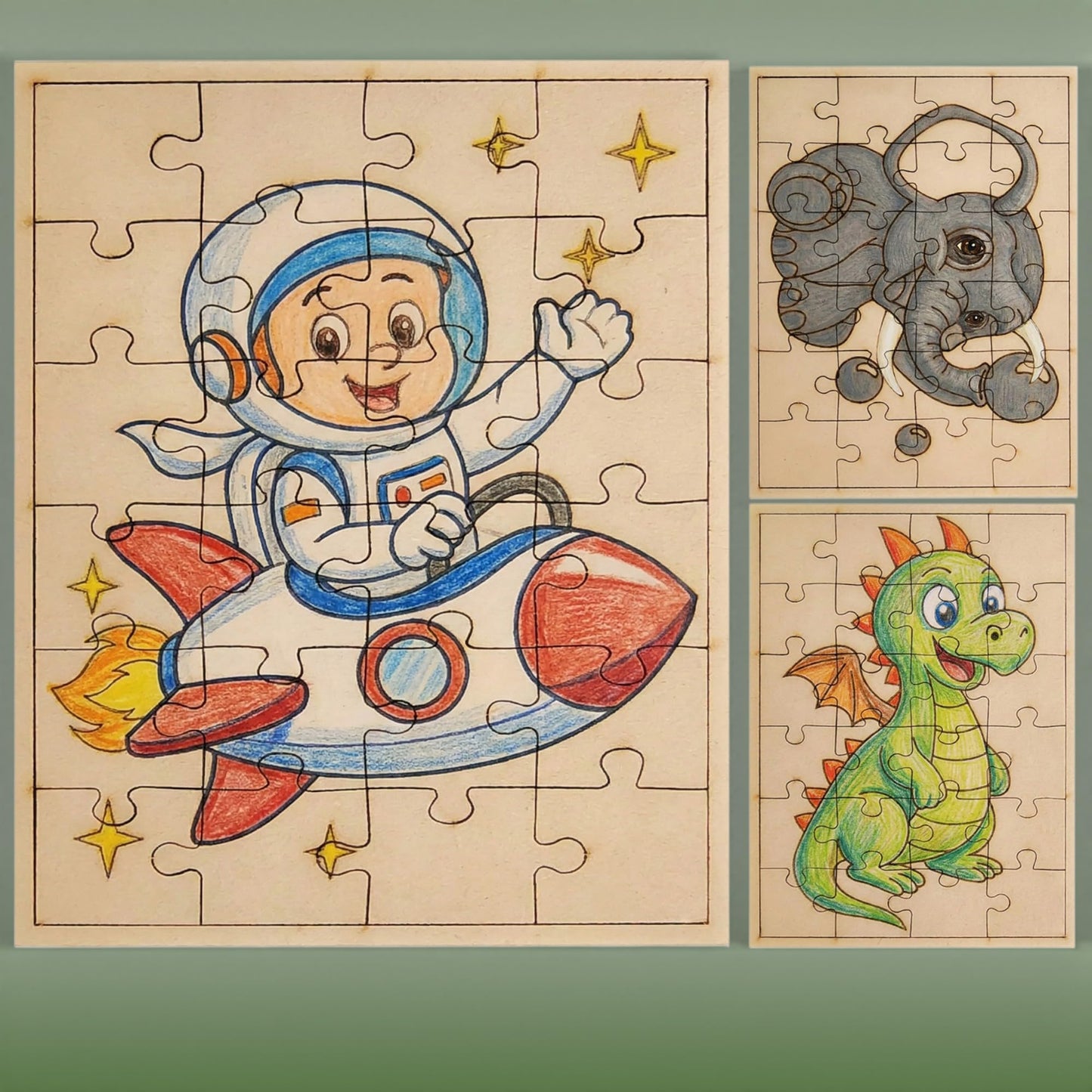 Fiddlys DIY Color Fill Wooden Jigsaw Puzzle Set for Kids (Age 4+) | 3-in-1 Paint-Your-Own Puzzle Collection | 24 Pieces Each Puzzle | Educational Toy (Space & Safari)