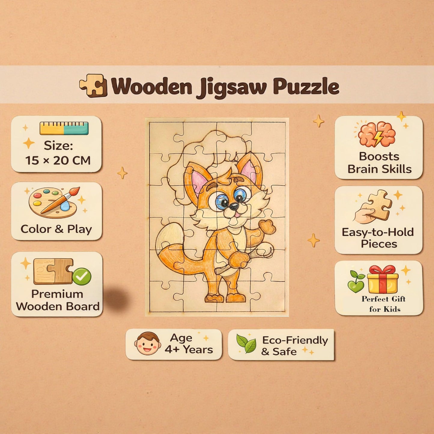 Fiddlys DIY Color Fill Wooden Jigsaw Puzzle Set for Kids (Age 4+) | 3-in-1 Paint-Your-Own Puzzle Collection | 24 Pieces Each Puzzle | Educational Toy (Cute & Fun Animals)