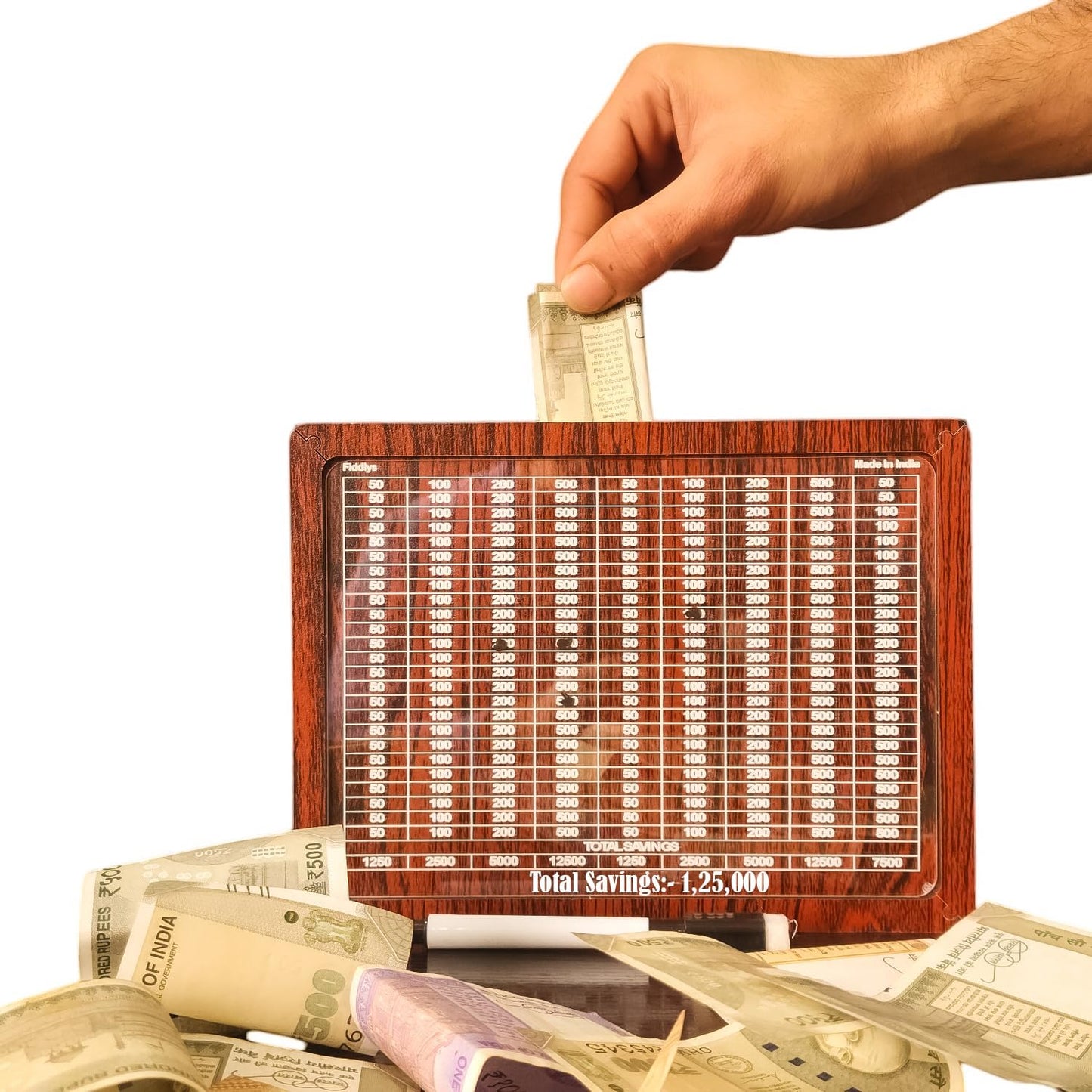 Fiddlys Wooden Piggy Bank with Pen for Kids & Adults – Smart Money Saver Coin Box (1,00,000)