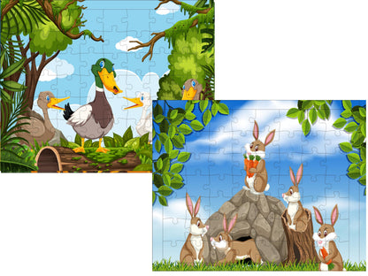 Fiddlys 54 Pcs Wood Jigsaw Puzzles for Kids & Children Age 6+ Double Layered Wooden Puzzles with Bright Front & Back Print Puzzle for Kids-Educational Toy (Duck + Bunny)