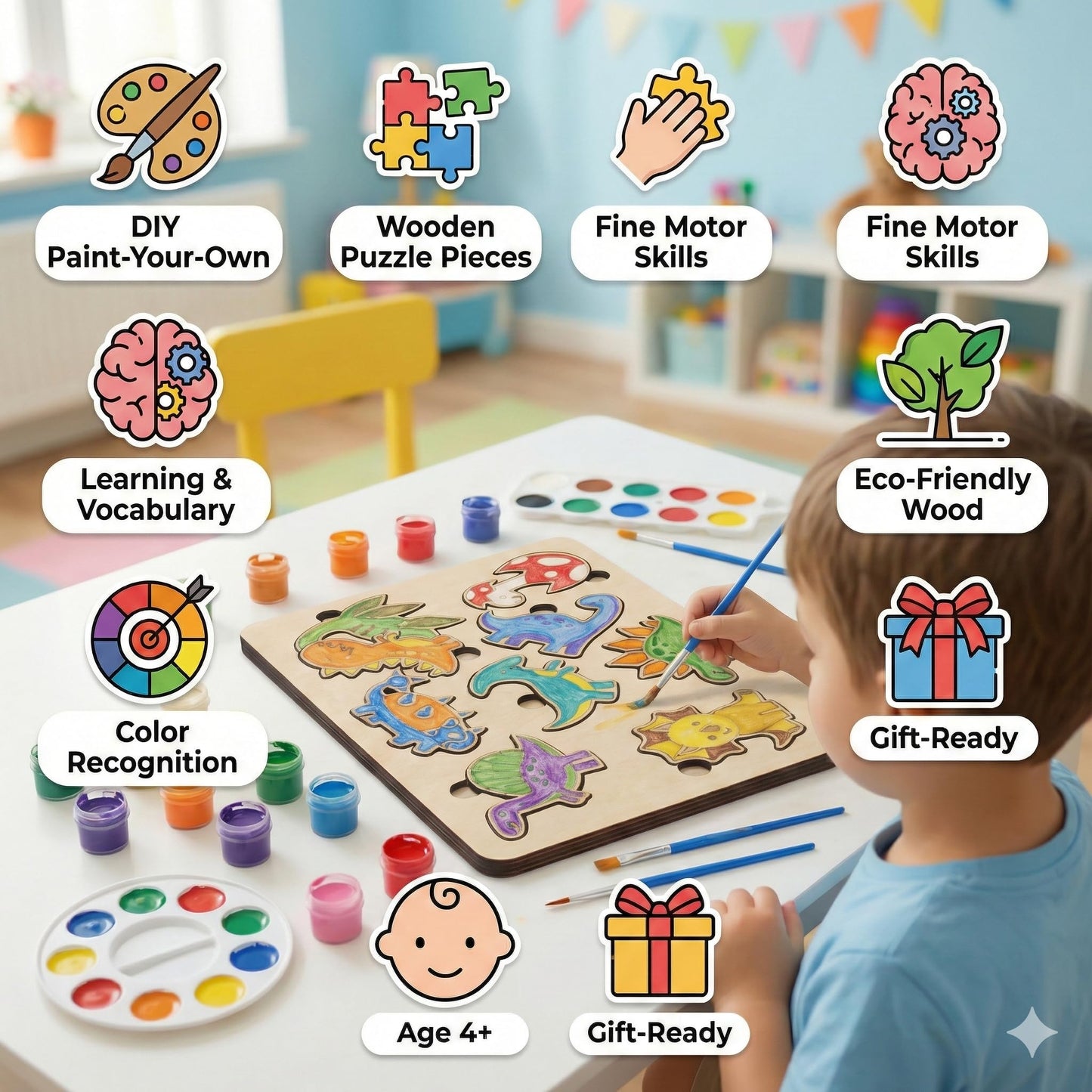 Fiddlys DIY Color Fill Wooden Jigsaw Puzzle Set for Kids (Age 4+) | 3-in-1 Paint-Your-Own Puzzle Collection | Educational Toy (Learning Puzzle)