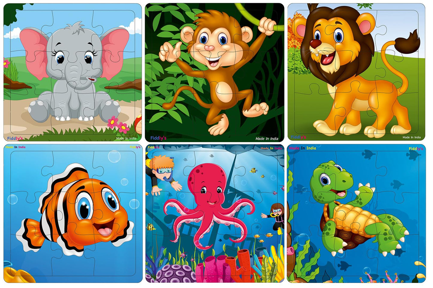 Fiddlys Wooden Jigsaw Puzzles for Kids & Children – 9 Pieces Each, Pack of 6|Double Layered Front & Back Print| Educational Toy for Boys & Girls Age 2 3 4 5 6 Year Old (Animal & Sea)