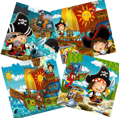 Fiddlys Wooden Jigsaw Puzzles for Kids & Children – 9 Pieces Each, Pack of 4 | Double Layered Puzzles with Bright Front & Back Print | Educational Toy for Boys & Girls Age 3+(Good Pirates - Pack of 4)