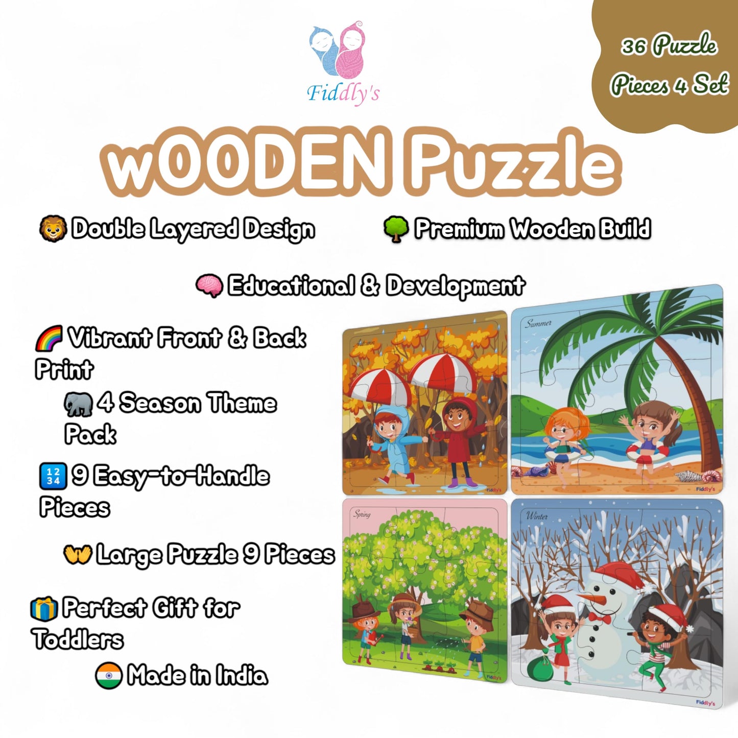 Fiddlys Wooden Jigsaw Puzzles for Kids & Children – 9 Pieces Each, Pack of 4|Double Layered Front & Back Print| Educational Toy for Boys & Girls Age 2 3 4 5 6 Year Old (Seasons Pack of 4)