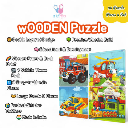 Fiddlys Wooden Jigsaw Puzzles for Kids & Children – 9 Pieces Each, Pack of 4|Double Layered Front & Back Print| Educational Toy for Boys & Girls Age 2 3 4 5 6 Year Old (Vehicles (Pack of 4))