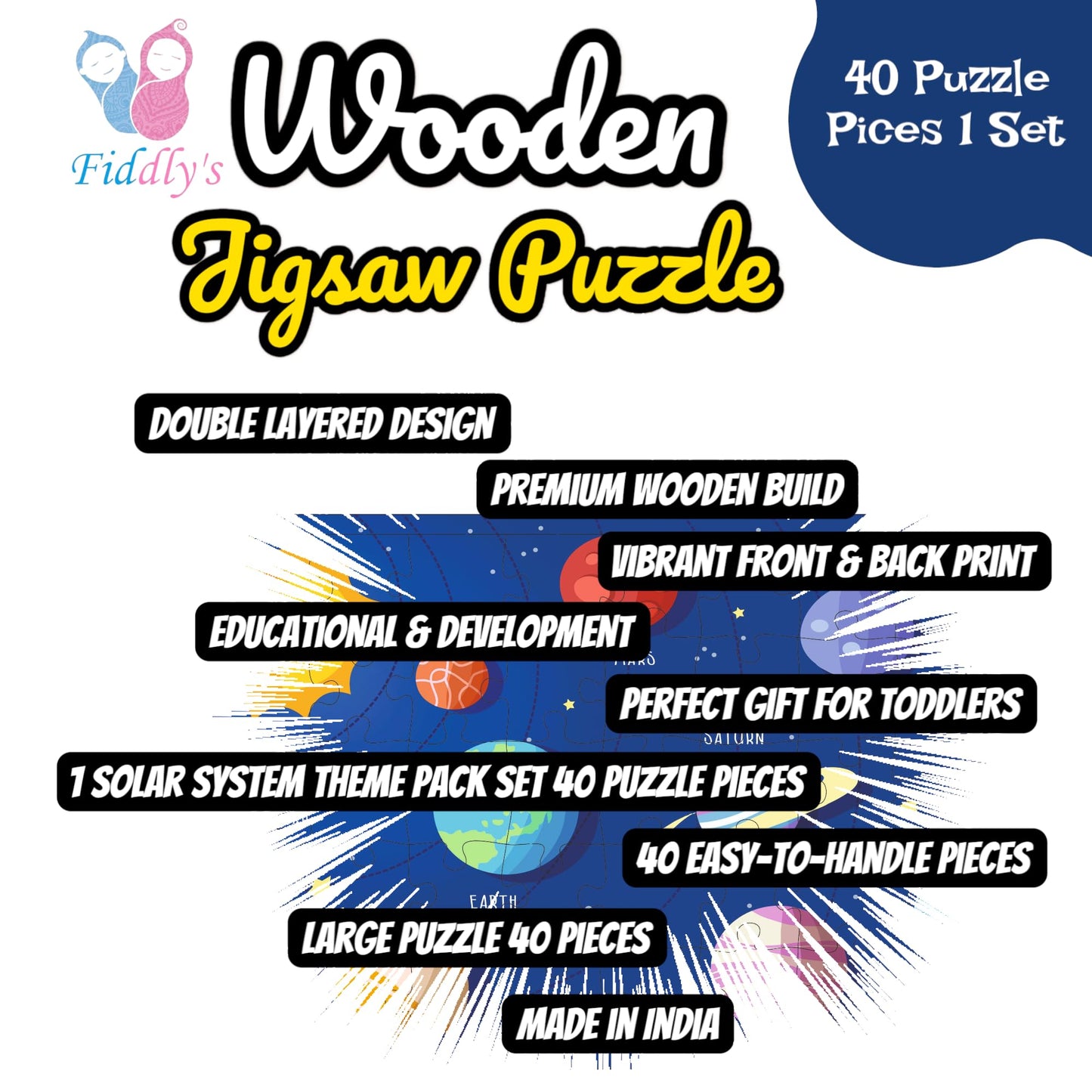 Fiddlys 40 Pcs Paperless Wooden Jigsaw Puzzle for Boys & Girls Learning Educational Toy for 4 Years and Above
