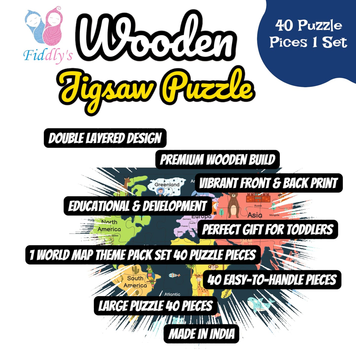 Fiddlys 40 Pcs Paperless Wooden Jigsaw Puzzle for Boys & Girls Learning Educational Toy for 4 Years and Above