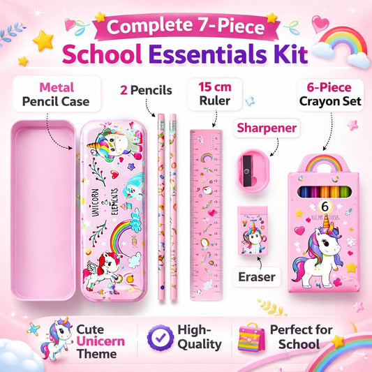 Fiddlys 6-in-1 Kids Stationery Kit for Boys, Cartoon Theme Gift Set with Pencil Box, Colour Set, Pencil, Eraser, Scale & Sharpener – Birthday Return Gift for Kids