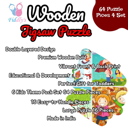 Fiddly's 16-Piece Wooden Jigsaw Puzzles for Kids Ages 3+, Double Layered Wooden Puzzles with Bright Front & Back Print