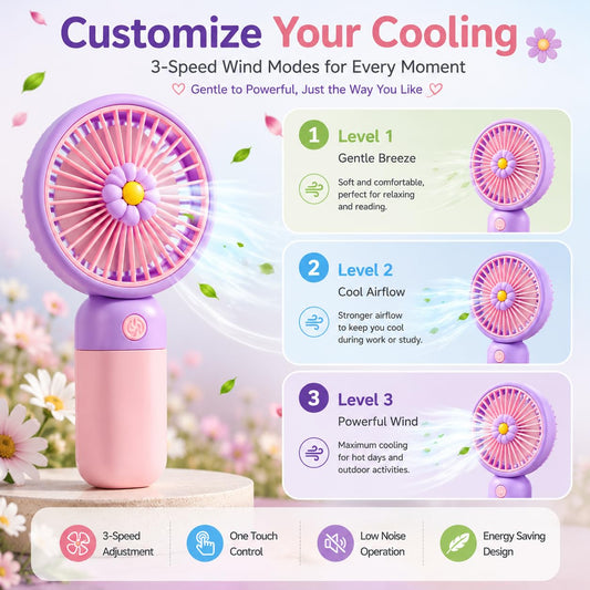 The Flyers Bay Mini Handheld Fan for Kids & Adults | Rechargeable USB Type-C Portable Fan with 3 Speed Modes | Handheld & Desktop Use | Cute Flower Design Pocket Fan for Travel, Office, School & Home