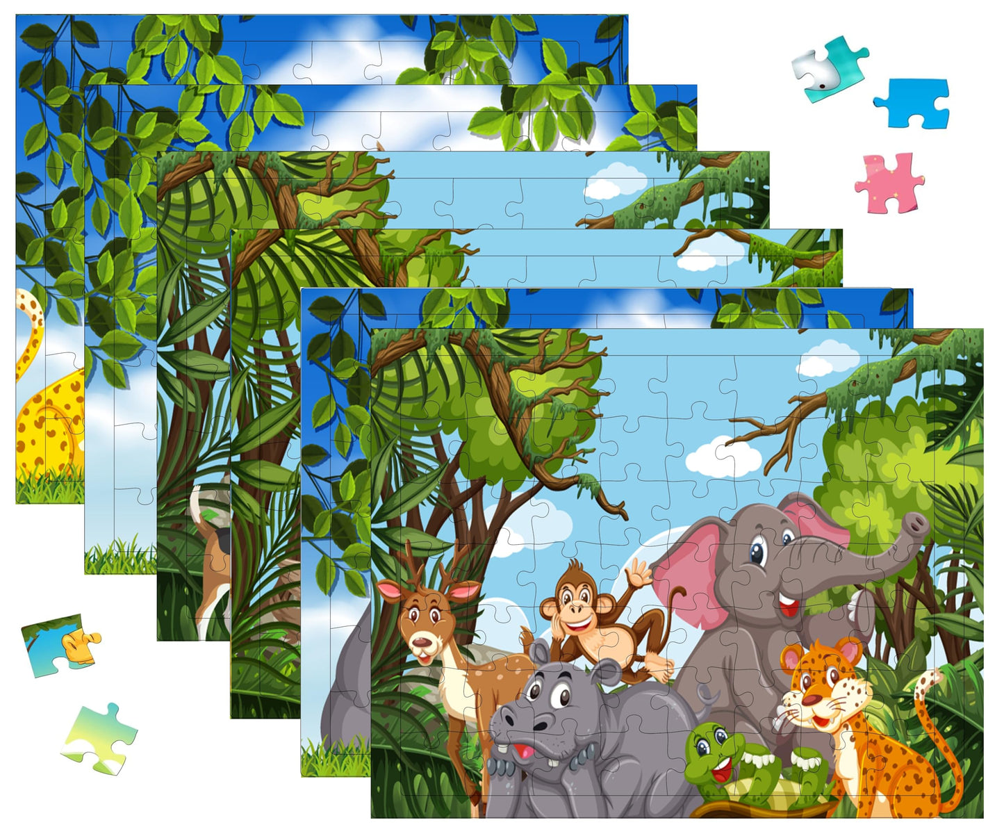 Fiddlys 54 Pcs Wood Jigsaw Puzzles for Kids & Children Age 6+ Double Layered Wooden Puzzles with Bright Front & Back Print Puzzle for Kids-Educational Toy (Jungle World Pack of 6)