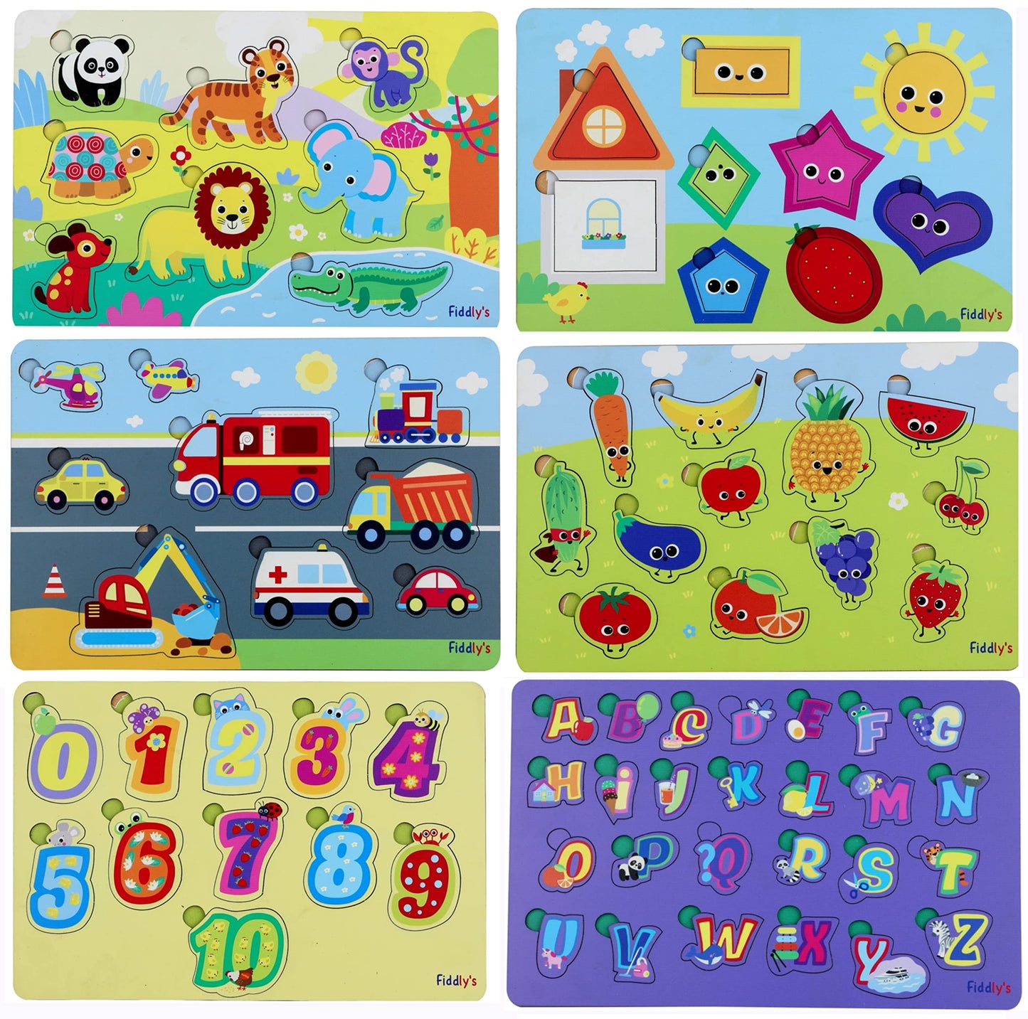 Fiddlys Wooden Learning Educational Puzzle for Kids & Children Age 4+ Double Layered Wooden Puzzles with Bright Front & Back Print (Complete Pack of 6)