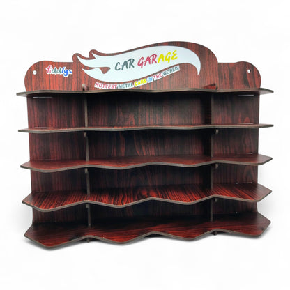 Fiddlys Wooden Toy Car Display Shelf | “Car Garage” Organizer for 15 Cars | Premium Wood Finish Desktop or Wall Rack for Kids | Ideal Storage for Hot Wheels & Mini Cars (Car Desktop-Brown)