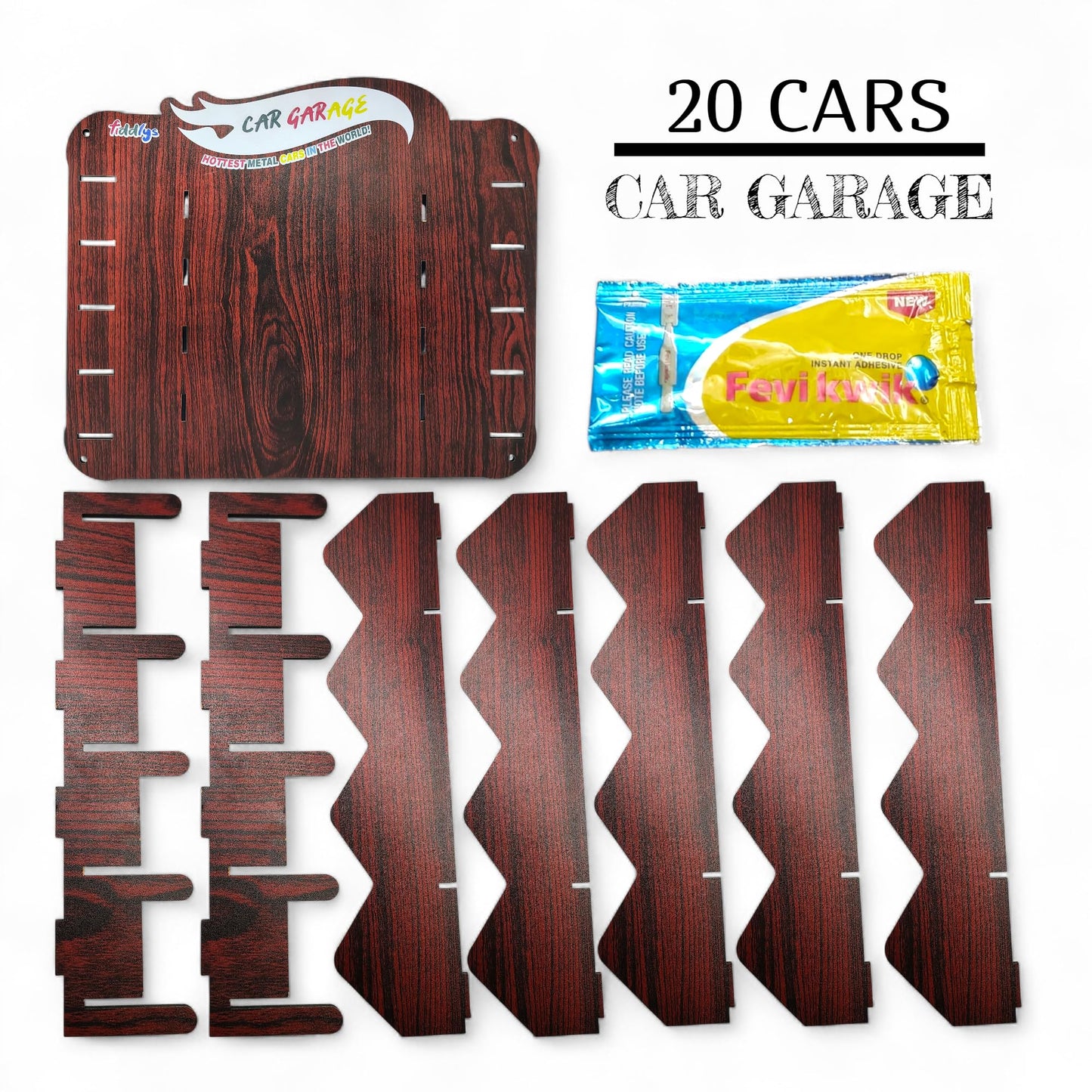 Fiddlys Wooden Toy Car Display Shelf | “Car Garage” Organizer for 15 Cars | Premium Wood Finish Desktop or Wall Rack for Kids | Ideal Storage for Hot Wheels & Mini Cars (Car Desktop-Brown)