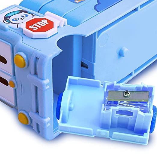 Fiddlys Stylish School Bus Geometry Box with Wheel for Kids 3+ Years (Blue)