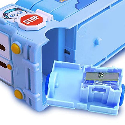 Fiddlys Stylish School Bus Geometry Box with Wheel for Kids 3+ Years (Blue)