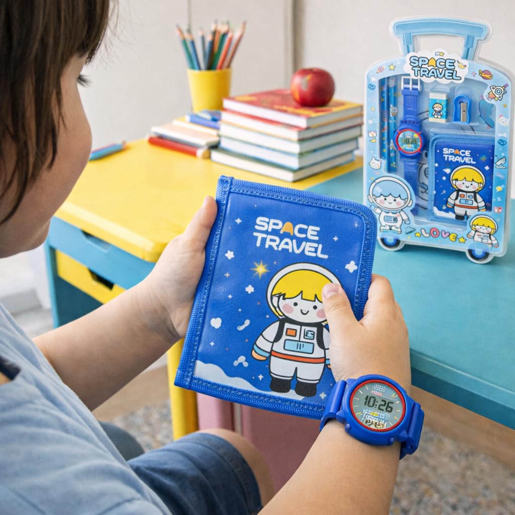 Fiddlys Kids Stationery Gift Set with Watch & Pouch | Cute Travel Kit for Boys & Girls | Pencil, Eraser, Sharpener, Wallet Combo