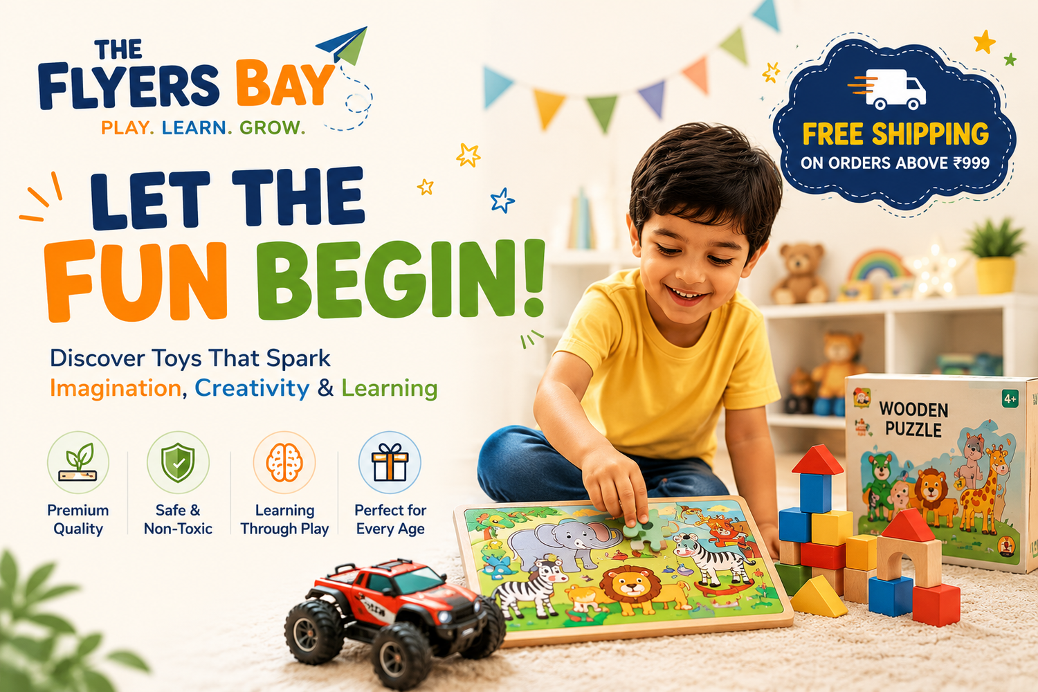 A young boy in a yellow shirt sits on a carpeted floor playing with a colorful wooden animal puzzle and building blocks, with a toy truck nearby. The scene is a promotional ad for The Flyers Bay wooden puzzle, featuring large marketing text, icons, and a free shipping badge.