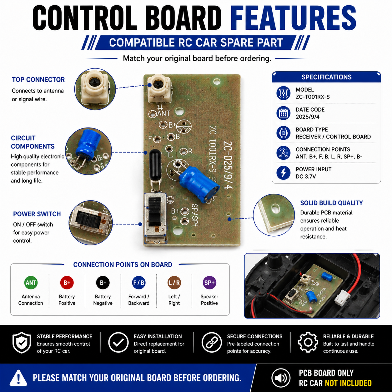 RC Car Replacement Control Board PCB | Compatible Spare Circuit Board for RC Toy Cars | Compact Replacement PCB for Smooth Control & Reliable Performance