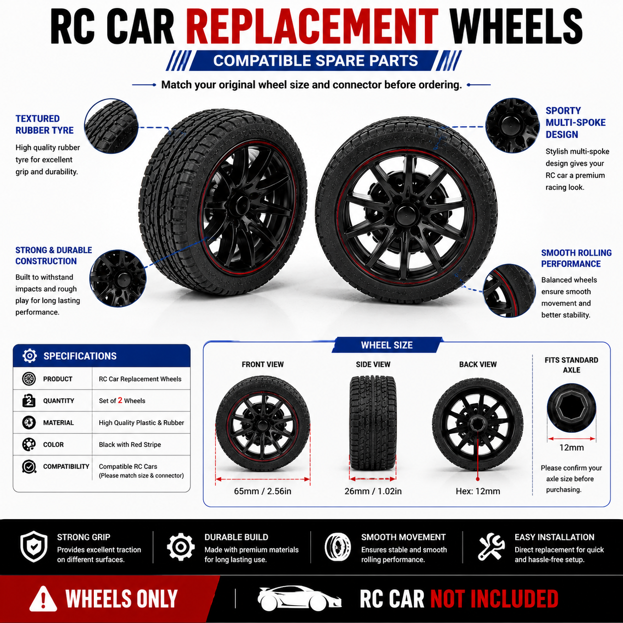 RC Car Replacement Wheels Set of 2 | Compatible Spare Wheels with Durable Rubber Tyres | Strong Grip & Smooth Rolling Replacement Parts for RC Toy Cars