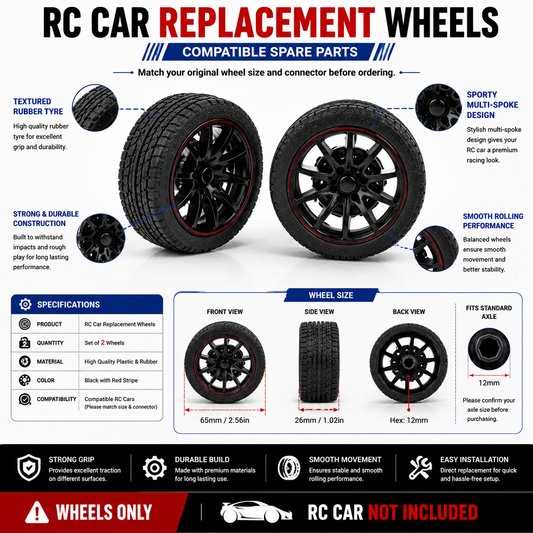 RC Car Replacement Wheels Set of 2 | Compatible Spare Wheels with Durable Rubber Tyres | Strong Grip & Smooth Rolling Replacement Parts for RC Toy Cars