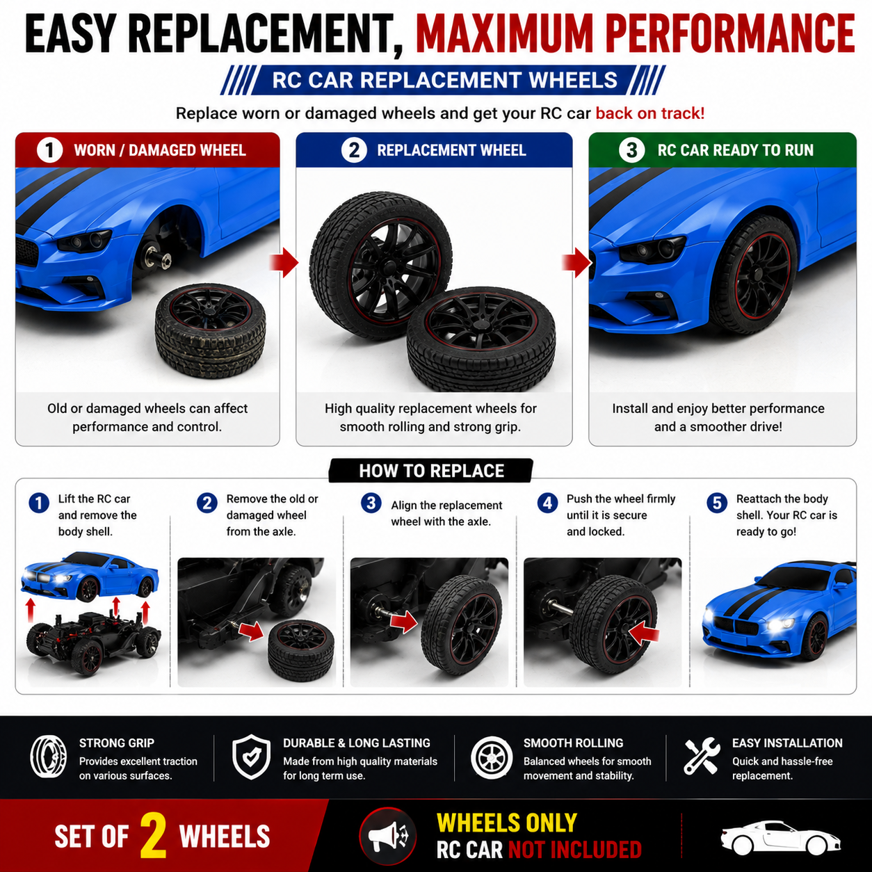 RC Car Replacement Wheels Set of 2 | Compatible Spare Wheels with Durable Rubber Tyres | Strong Grip & Smooth Rolling Replacement Parts for RC Toy Cars