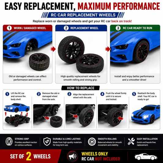 RC Car Replacement Wheels Set of 2 | Compatible Spare Wheels with Durable Rubber Tyres | Strong Grip & Smooth Rolling Replacement Parts for RC Toy Cars