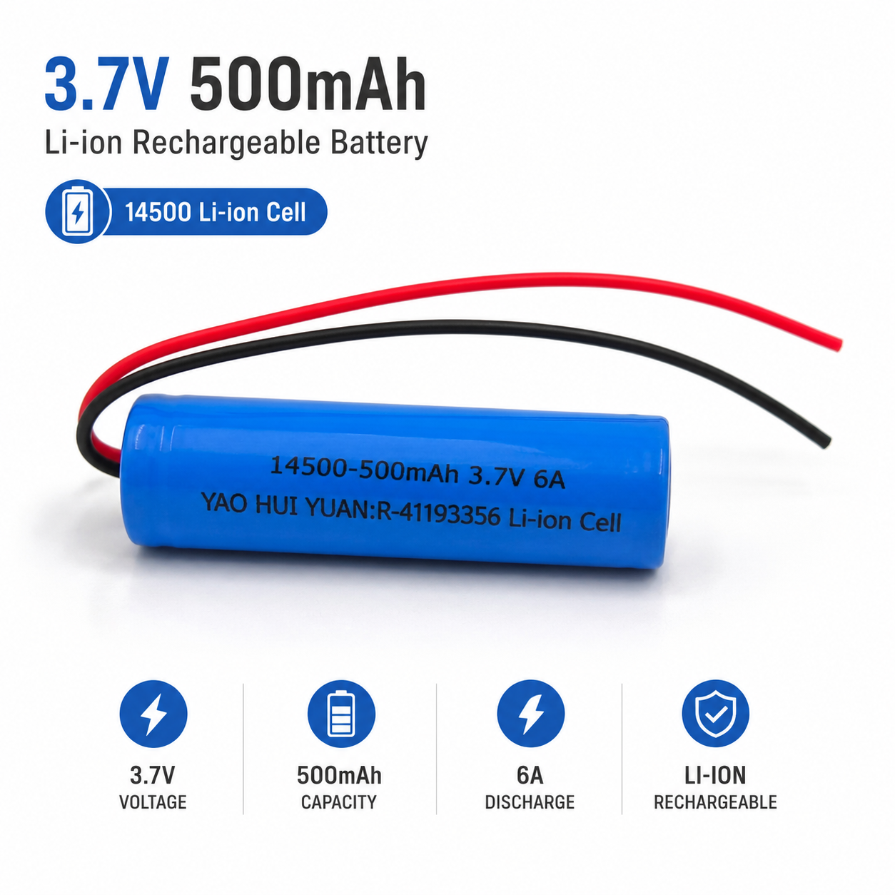 14500 3.7V 500mAh 6A Li-Ion Rechargeable Battery with Pre-Attached Red & Black Wires | 14mm x 50mm Battery Cell for RC Cars, Toys, DIY Projects & Compatible Devices