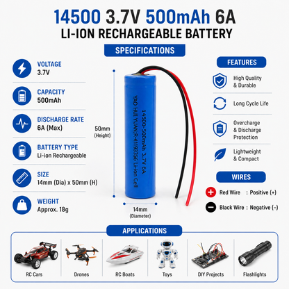 14500 3.7V 500mAh 6A Li-Ion Rechargeable Battery with Pre-Attached Red & Black Wires | 14mm x 50mm Battery Cell for RC Cars, Toys, DIY Projects & Compatible Devices