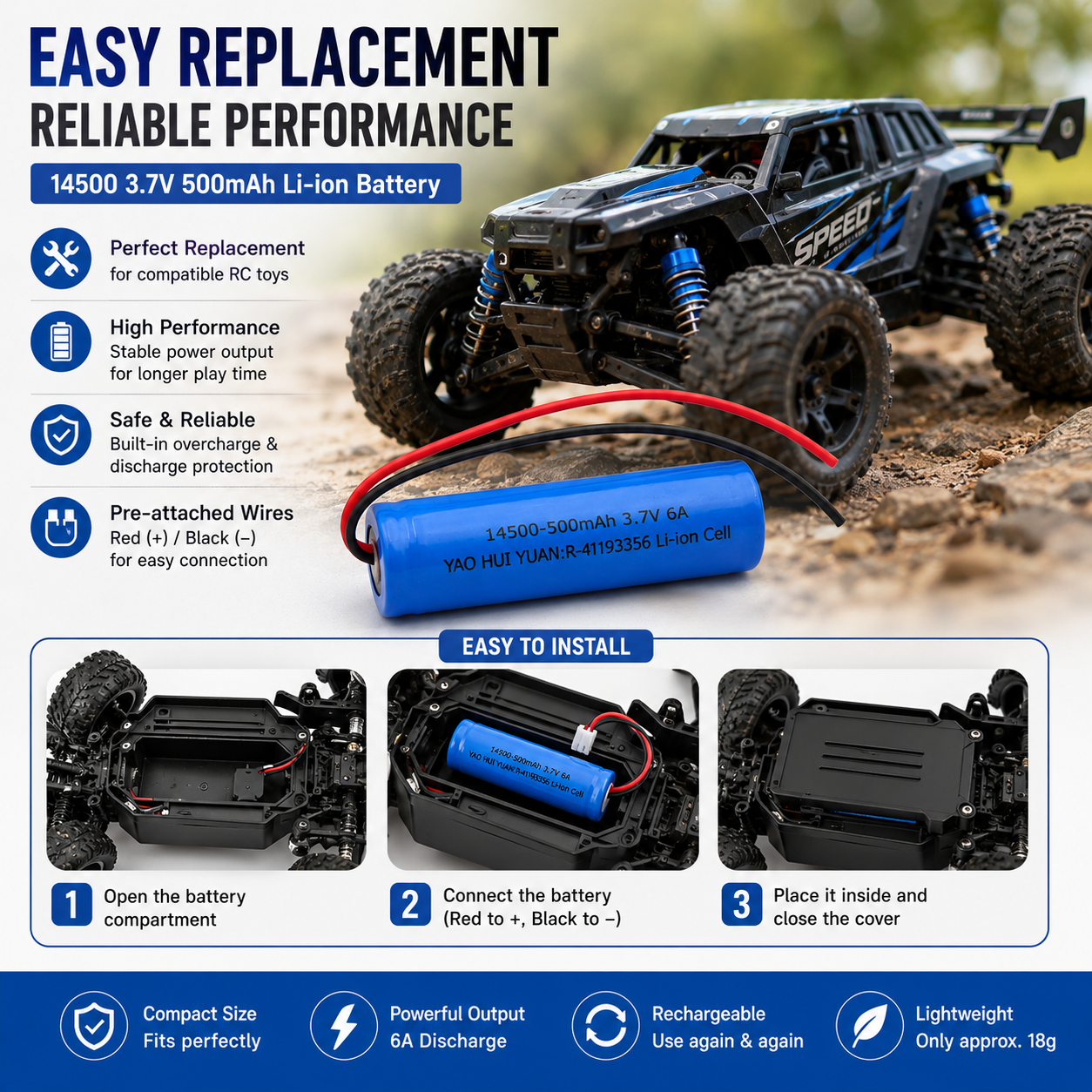 14500 3.7V 500mAh 6A Li-Ion Rechargeable Battery with Pre-Attached Red & Black Wires | 14mm x 50mm Battery Cell for RC Cars, Toys, DIY Projects & Compatible Devices
