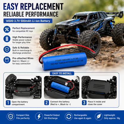 14500 3.7V 500mAh 6A Li-Ion Rechargeable Battery with Pre-Attached Red & Black Wires | 14mm x 50mm Battery Cell for RC Cars, Toys, DIY Projects & Compatible Devices