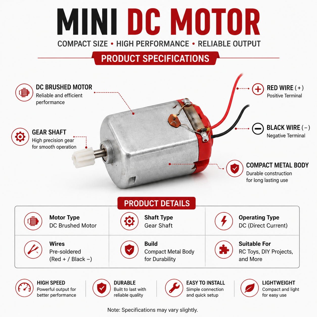Mini DC Motor with Pre-Wired Leads & Gear | Compact High-Speed DC Motor for RC Cars, Toys, DIY Projects & Electronics