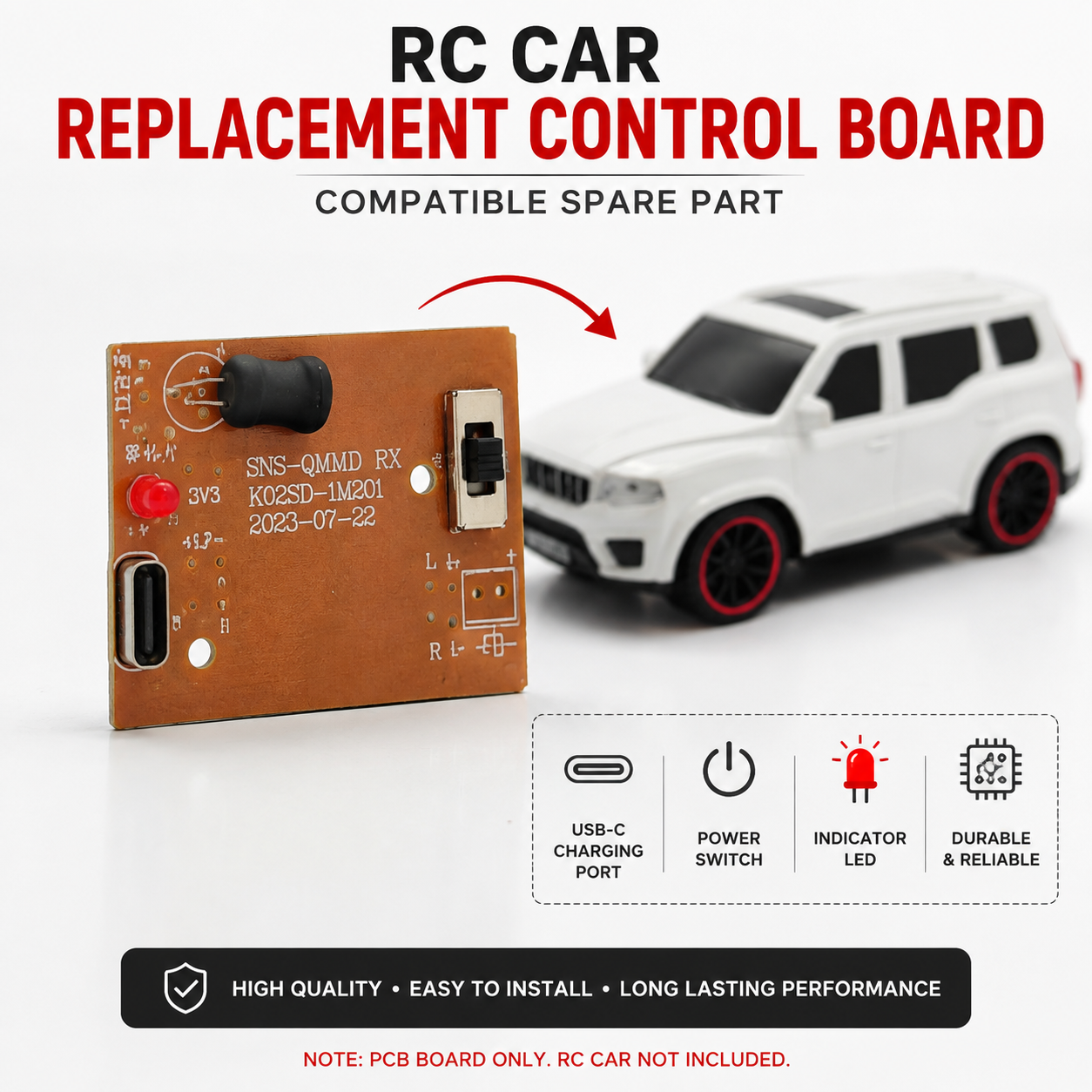 RC Car Replacement Control Board PCB | Rechargeable RC Car Receiver Circuit Board with USB-C Charging Port, Power Switch & LED Indicator | Compatible Spare Part