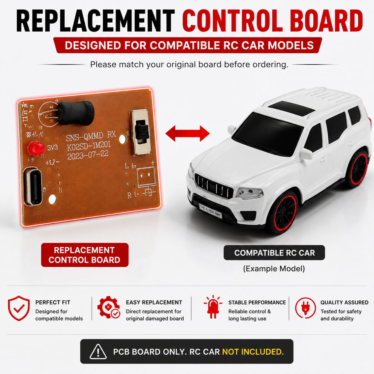 RC Car Replacement Control Board PCB | Rechargeable RC Car Receiver Circuit Board with USB-C Charging Port, Power Switch & LED Indicator | Compatible Spare Part