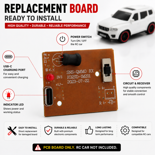 RC Car Replacement Control Board PCB | Rechargeable RC Car Receiver Circuit Board with USB-C Charging Port, Power Switch & LED Indicator | Compatible Spare Part
