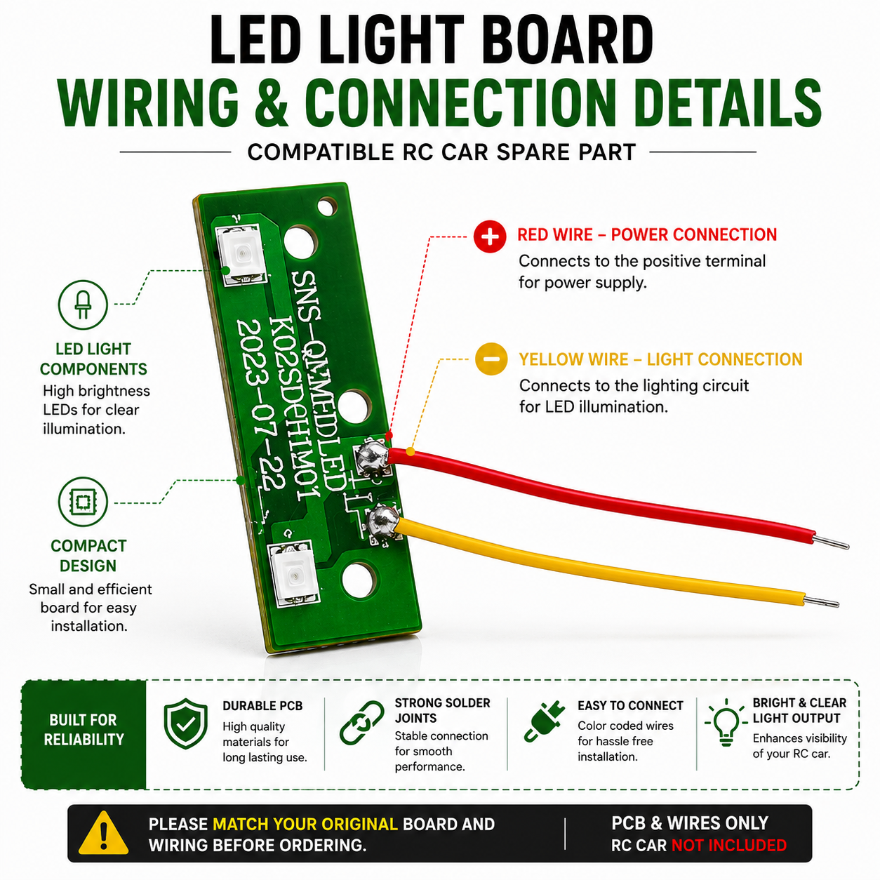 RC Car Replacement LED Light Board with Wires | Compatible LED PCB Spare Part for Rechargeable RC Cars, Toy Cars & DIY Projects | Easy Replacement
