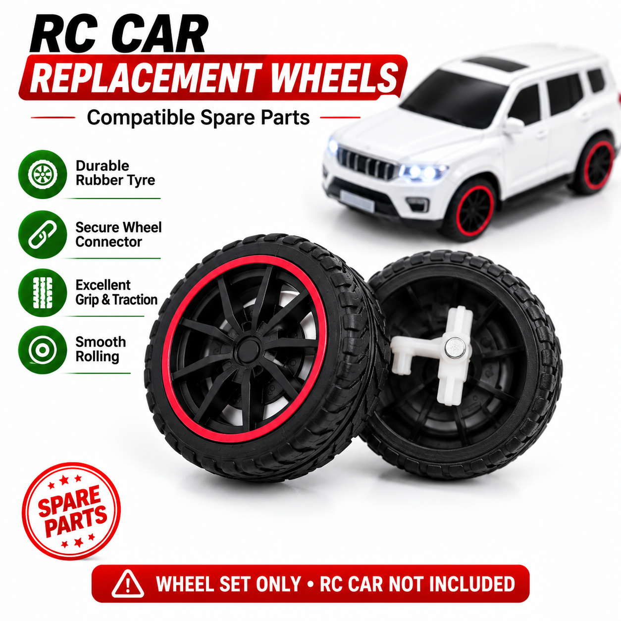 RC Car Replacement Wheels Set | Compatible Spare Wheel with Rubber Tyres & Secure Connector | Replacement Parts for RC Toy Cars