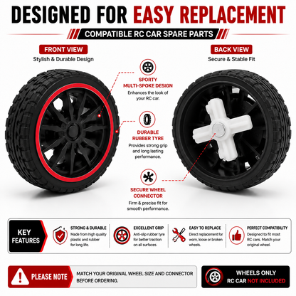RC Car Replacement Wheels Set | Compatible Spare Wheel with Rubber Tyres & Secure Connector | Replacement Parts for RC Toy Cars