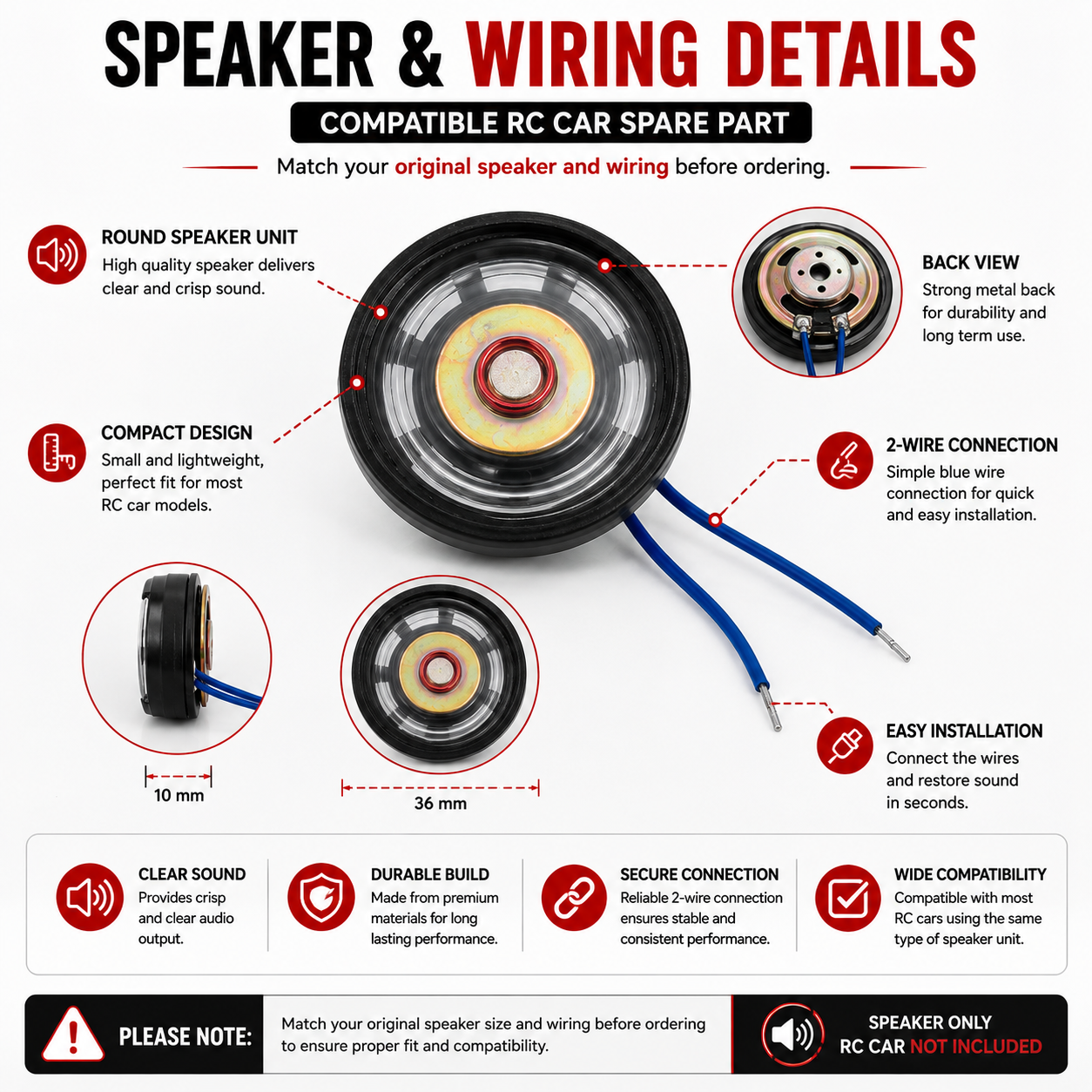 RC Car Replacement Speaker with 2-Wire Connection | Mini Compact Speaker for RC Cars, Toy Vehicles & DIY Projects | Clear Sound Audio Spare Part