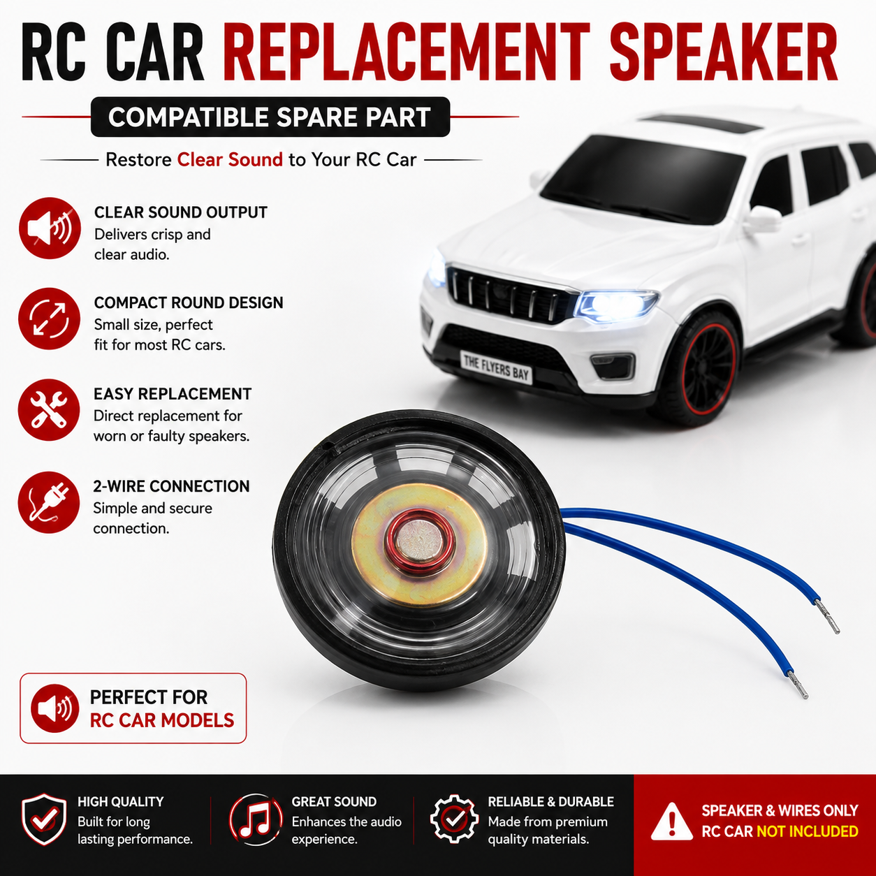 RC Car Replacement Speaker with 2-Wire Connection | Mini Compact Speaker for RC Cars, Toy Vehicles & DIY Projects | Clear Sound Audio Spare Part