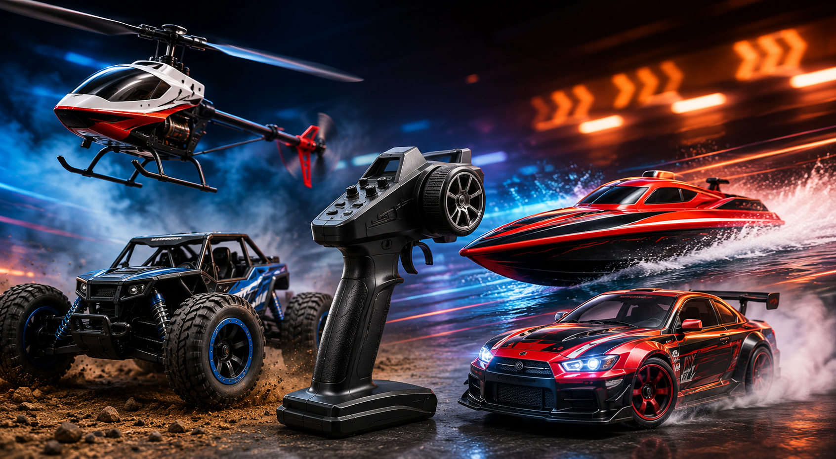 A set of remote control toys including a helicopter, off-road truck, boat, and race car, with a central handheld transmitter, set against a dynamic dark racing background with motion blur and neon lights.