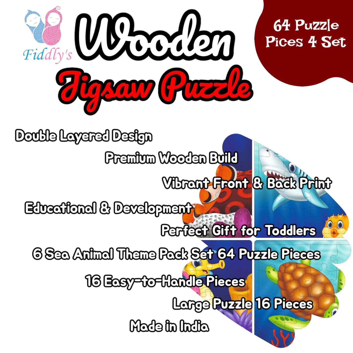 Fiddly's 16-Piece Wooden Jigsaw Puzzles for Kids Ages 3+, Double Layered Wooden Puzzles with Bright Front & Back Print