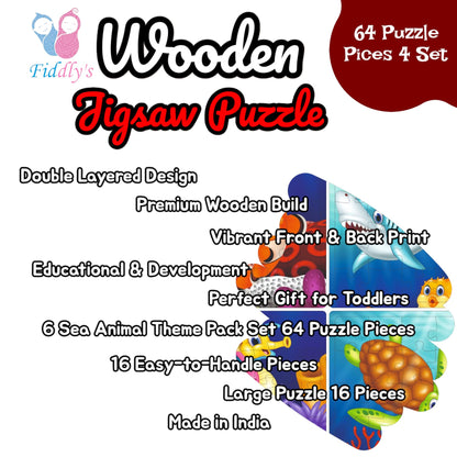Fiddly's 16-Piece Wooden Jigsaw Puzzles for Kids Ages 3+, Double Layered Wooden Puzzles with Bright Front & Back Print