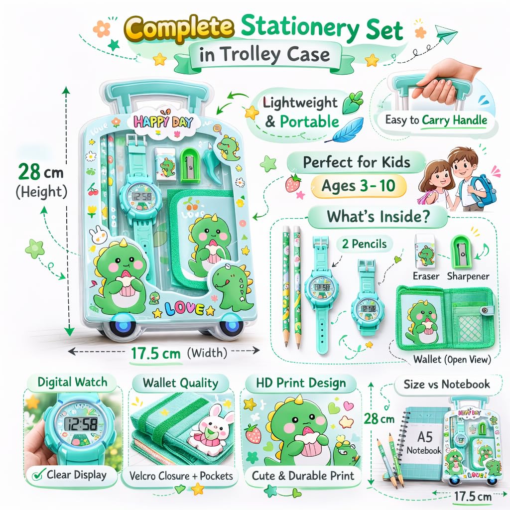 Fiddlys Kids Stationery Gift Set with Watch & Pouch | Cute Travel Kit for Boys & Girls | Pencil, Eraser, Sharpener, Wallet Combo