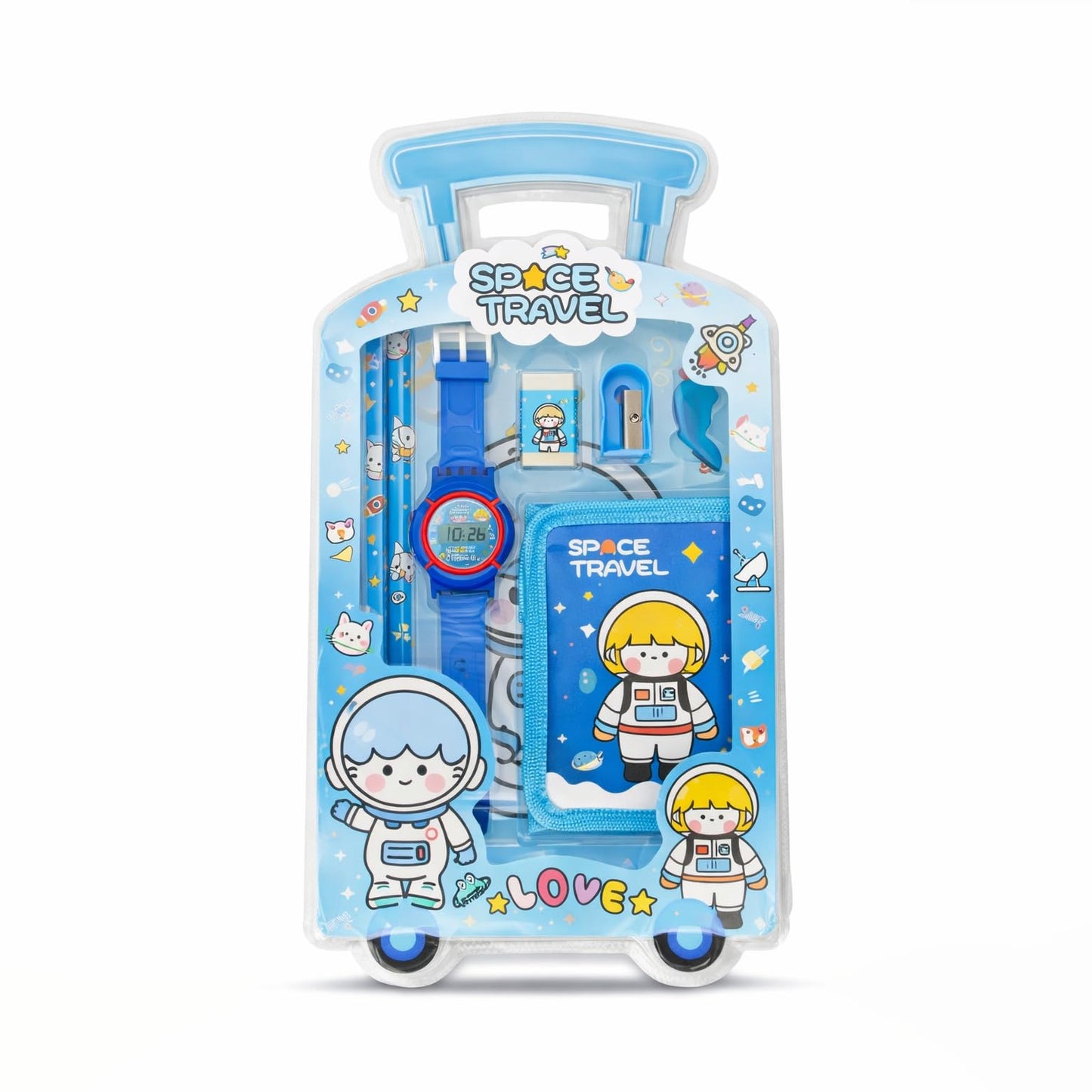 Fiddlys Kids Stationery Gift Set with Watch & Pouch | Cute Travel Kit for Boys & Girls | Pencil, Eraser, Sharpener, Wallet Combo