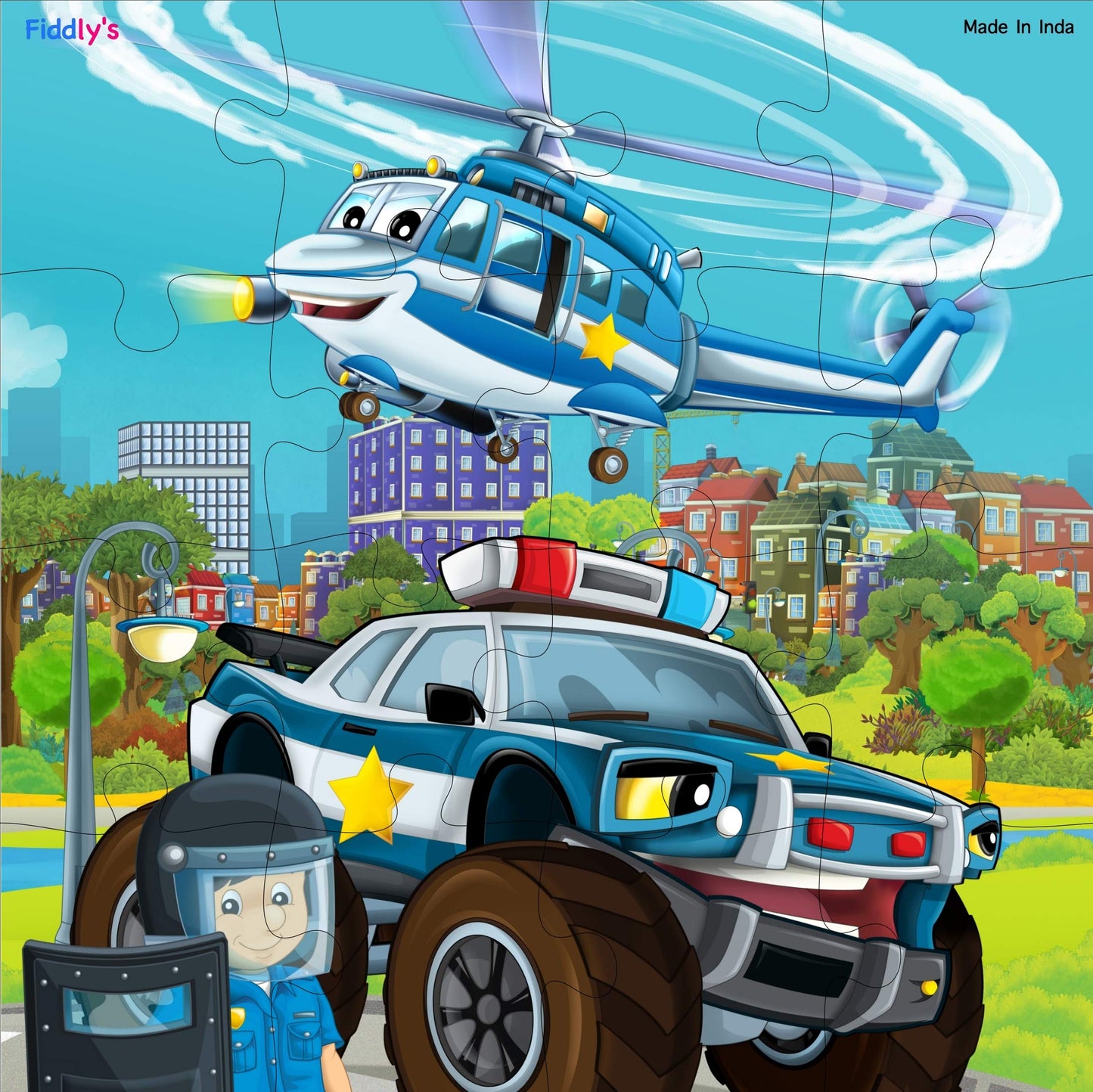 Fiddlys Fiddly's 16-Piece Wooden Jigsaw Puzzles for Kids Ages 3+, Double Layered Wooden Puzzles with Bright Front & Back Print (Pack of 2 - Fireman & Policeman)