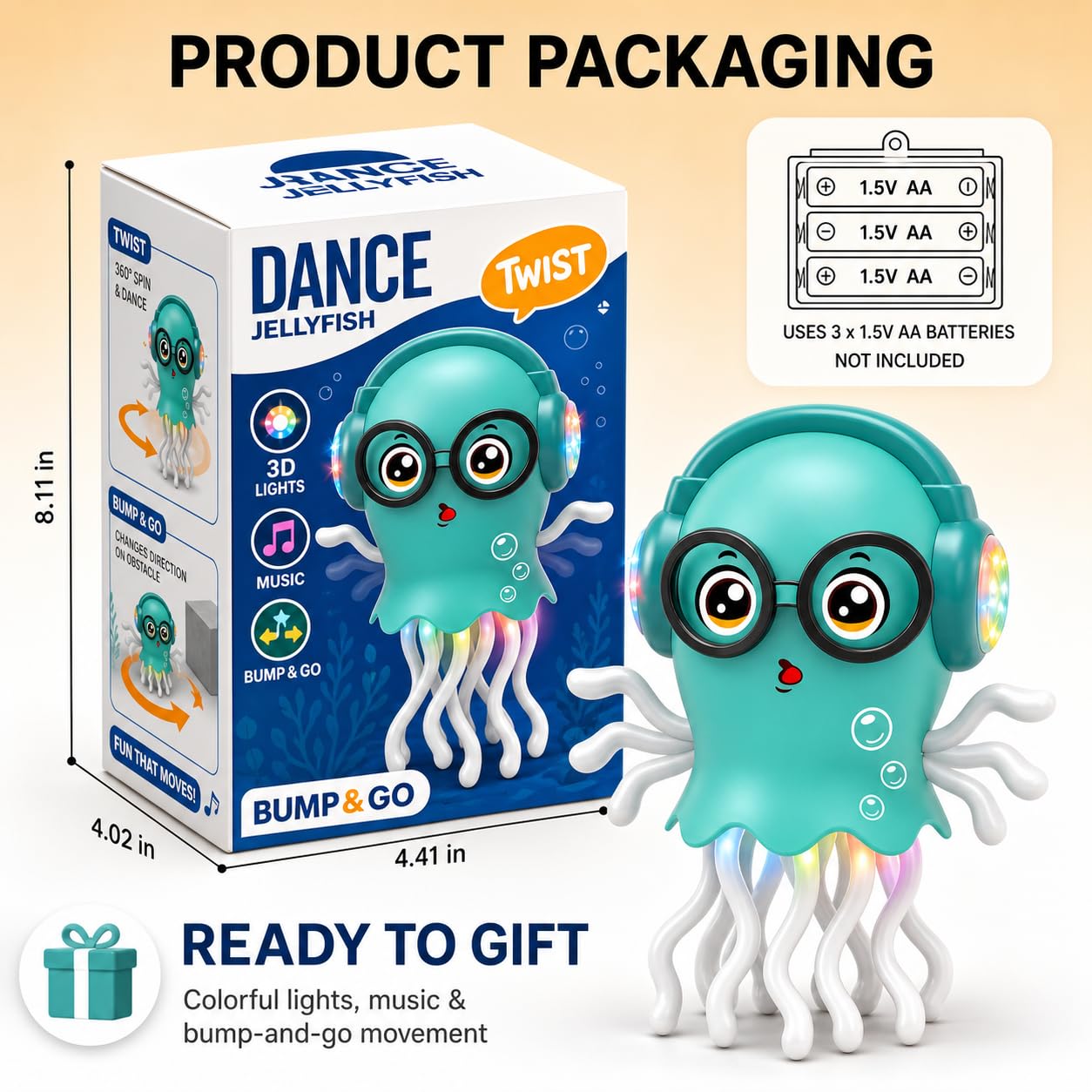 Fiddlys Electric Crawling Jellyfish Toy for Kids 3+, Musical Dancing Jellyfish with Colorful 3D Lights, Bump & Go 360° Movement, Battery Operated Toy, Birthday Gift for Boys & Girls