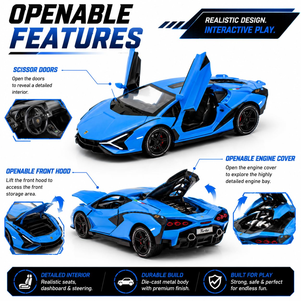 The Flyers Bay 1:32 Scale DieCast Metal Pull-Back Action Openable Doors Light and Music Lamborghini Premium Car Toy for Kids Realistic Miniature Model Gift 2+yrs Girls Boys