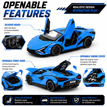 The Flyers Bay 1:32 Scale DieCast Metal Pull-Back Action Openable Doors Light and Music Lamborghini Premium Car Toy for Kids Realistic Miniature Model Gift 2+yrs Girls Boys